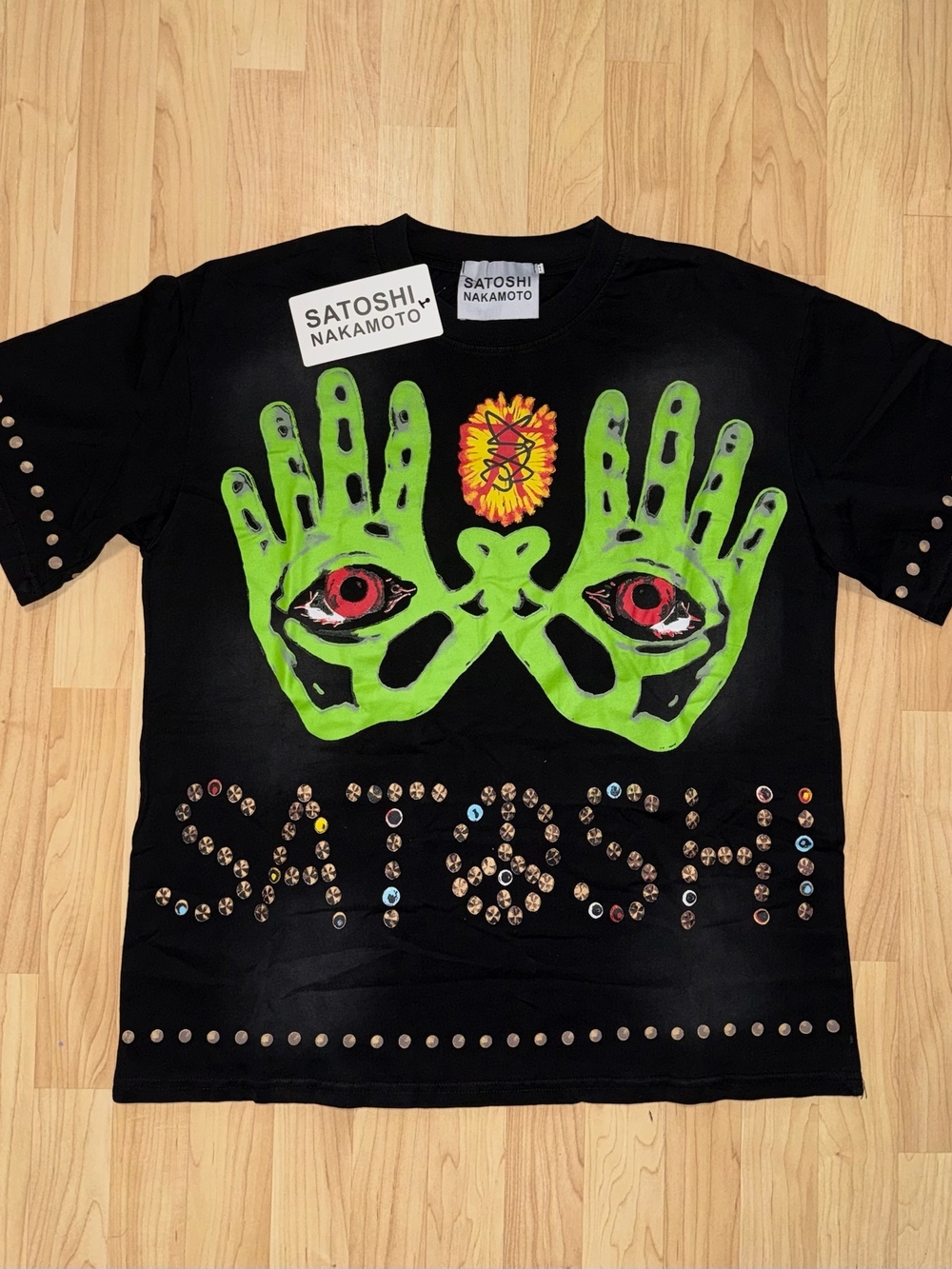 Kids Black Graphic Tee with Neon Green Hand Design